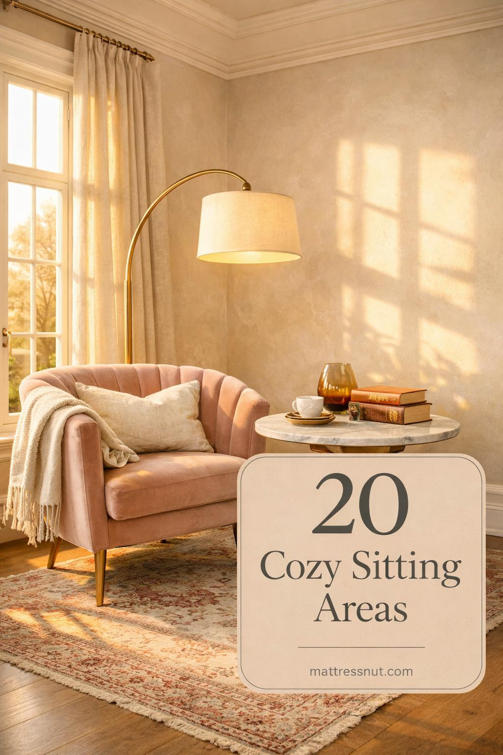 Elegant bedroom corner with upholstered armchair, small side table, soft throw blanket, and natural light from window