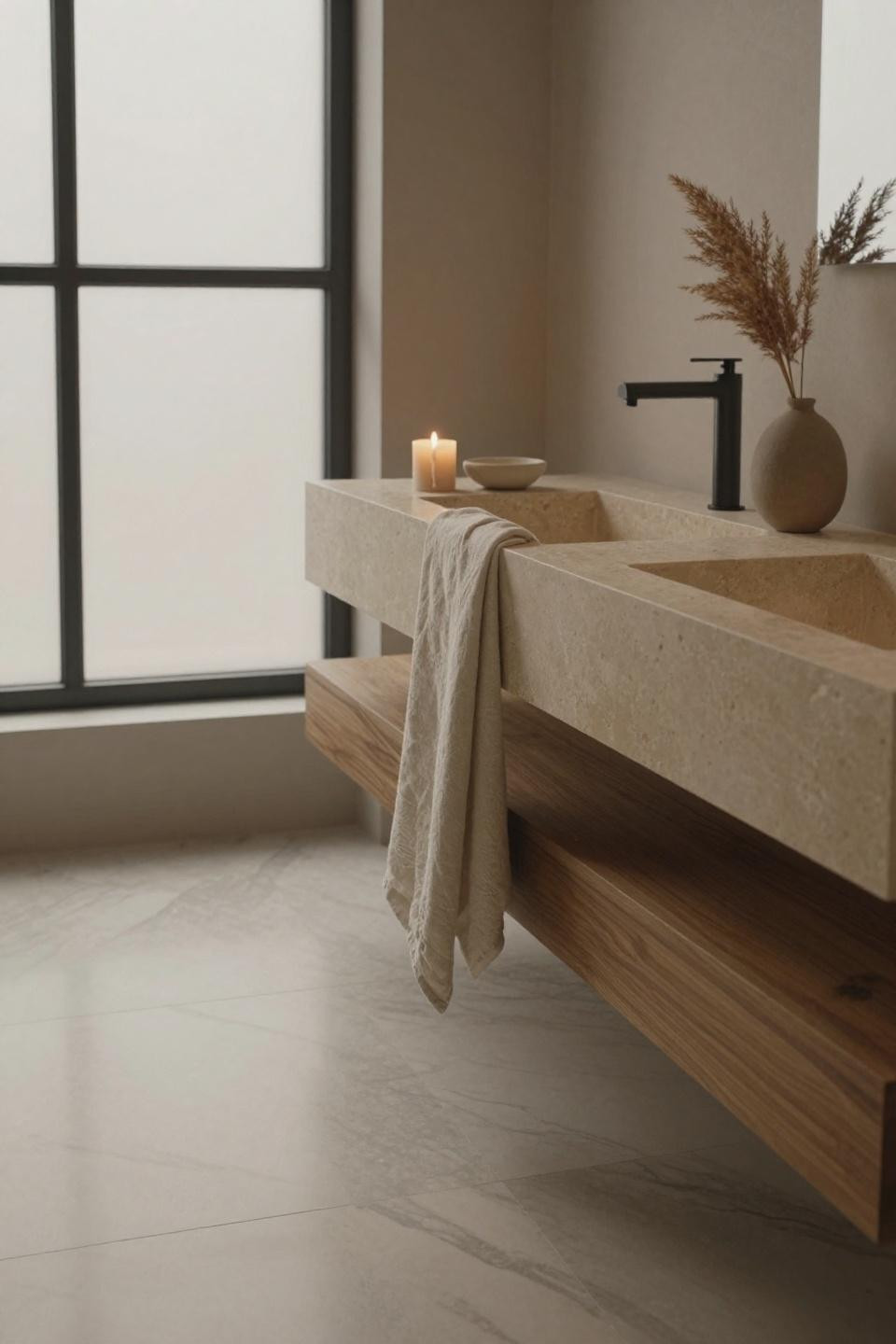 Beige bathroom design - buff limestone on cantilevered walnut shelf