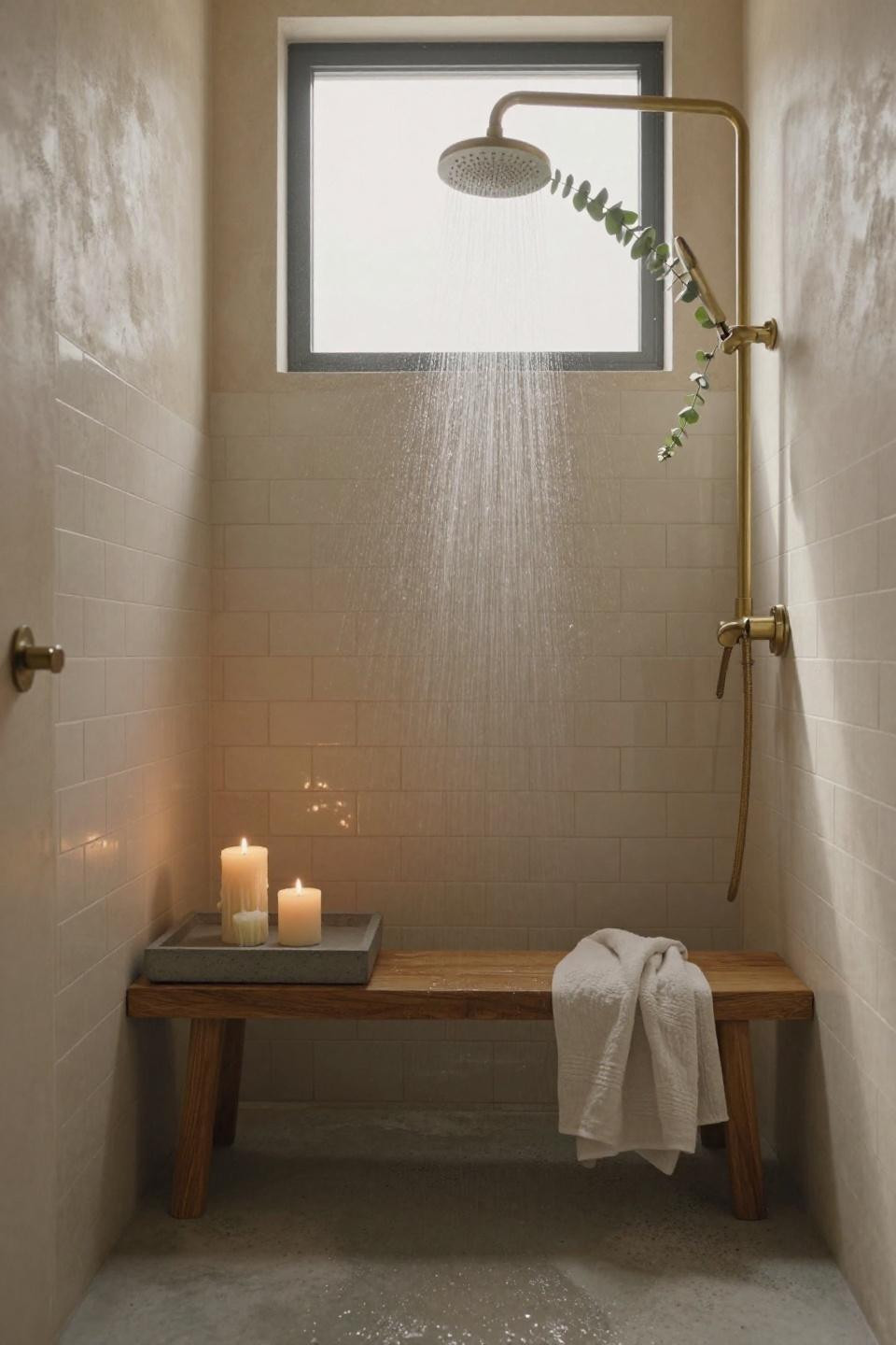 Japandi bathroom - curbless shower with candles on teak bench