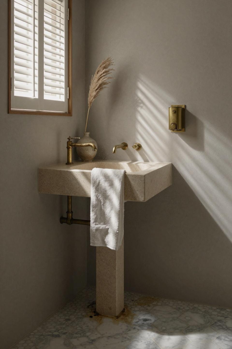 Modern beige bathroom - wall-mounted pedestal sink with brass pipes