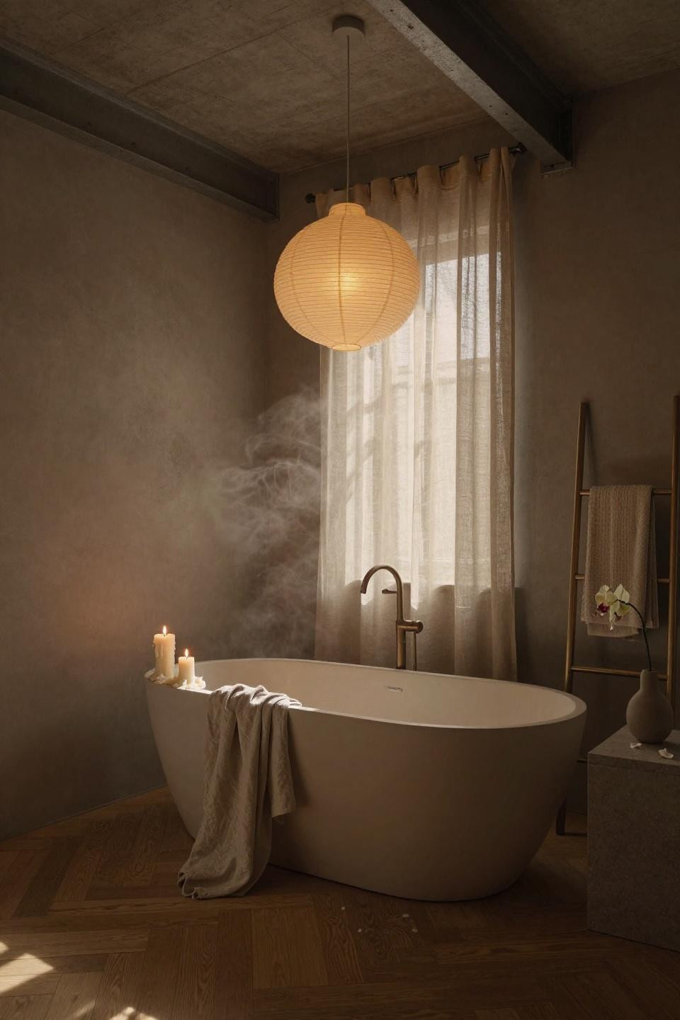 Small beige bathroom - apron-front tub with skylight above