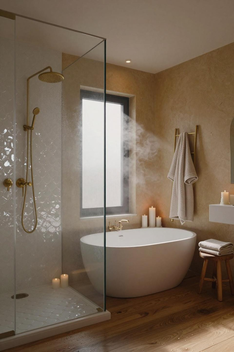 Greige bathroom ideas - scallop tiles with brass fixtures