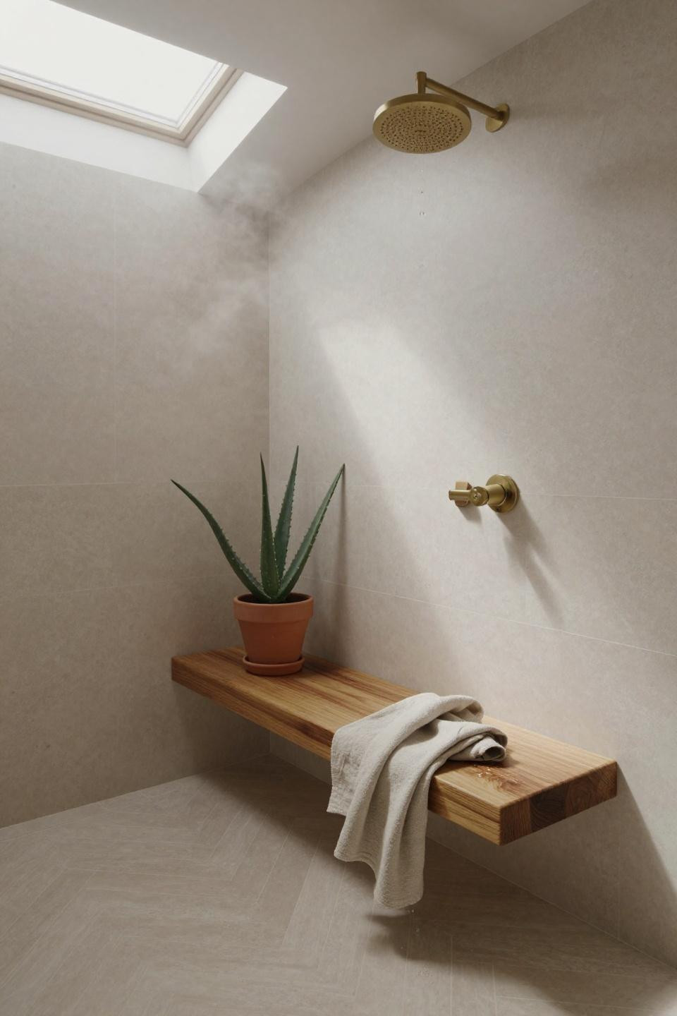 Warm neutral bathroom ideas - teak bench in walk-in shower