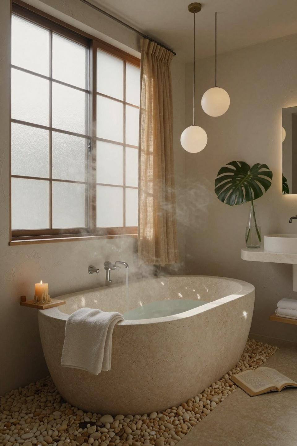 Bathroom ideas beige - travertine tub on pebble shower floor