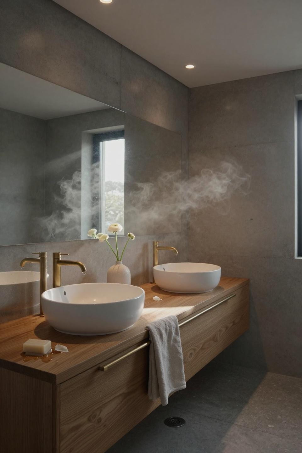 White and beige bathroom - oak vanity with vessel sinks