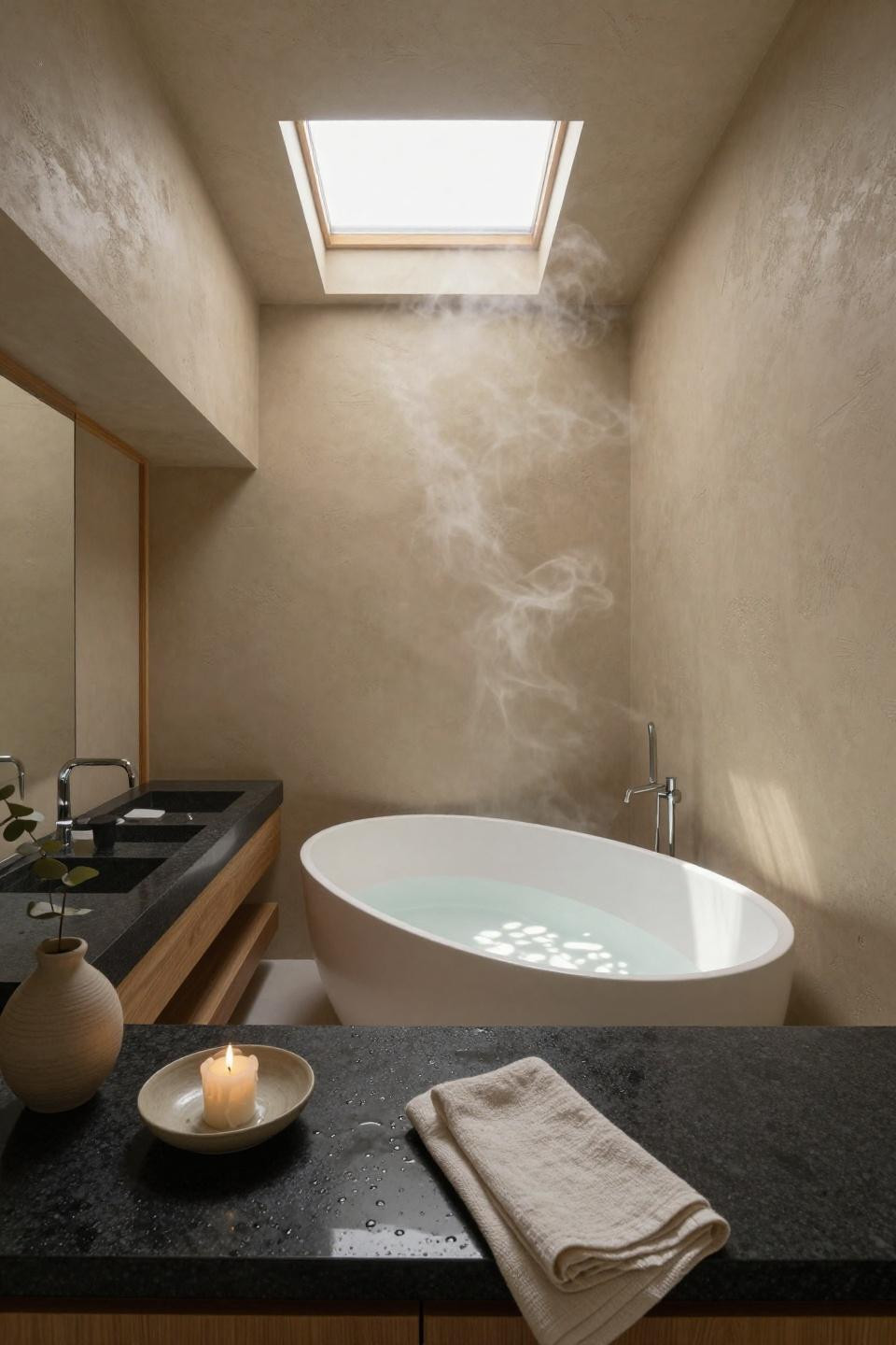 Cream bathroom ideas - egg-shaped tub with wheat plaster walls