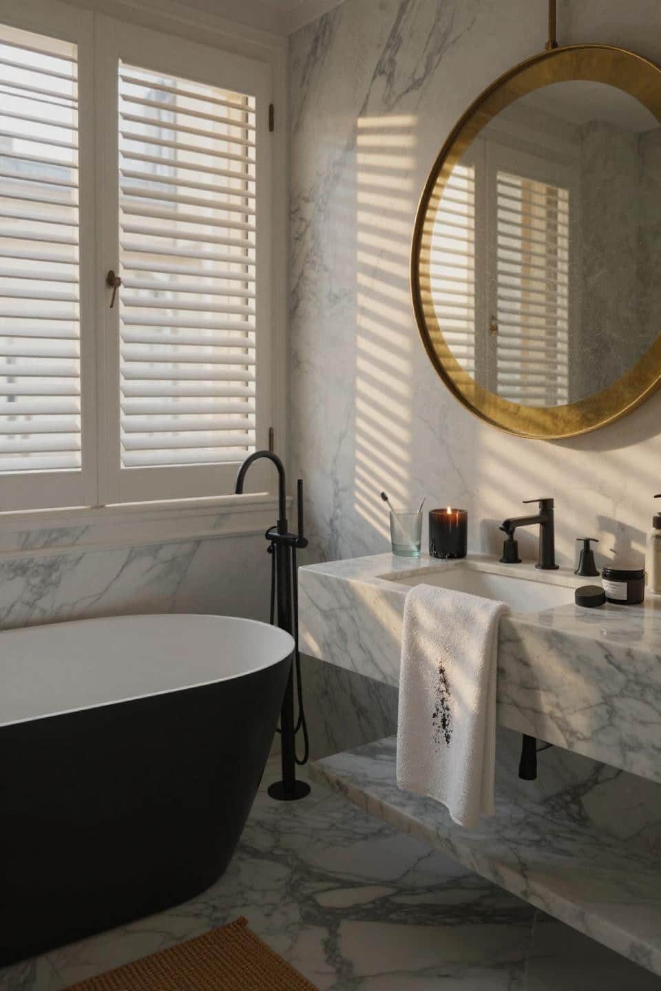 Black Bathroom Design - floor-to-ceiling book-matched Calacatta marble slabs