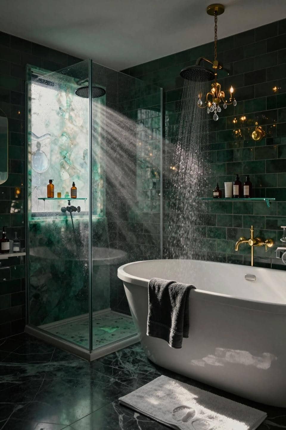 Modern Bathroom Design - walk-in rainfall shower with jade onyx accent