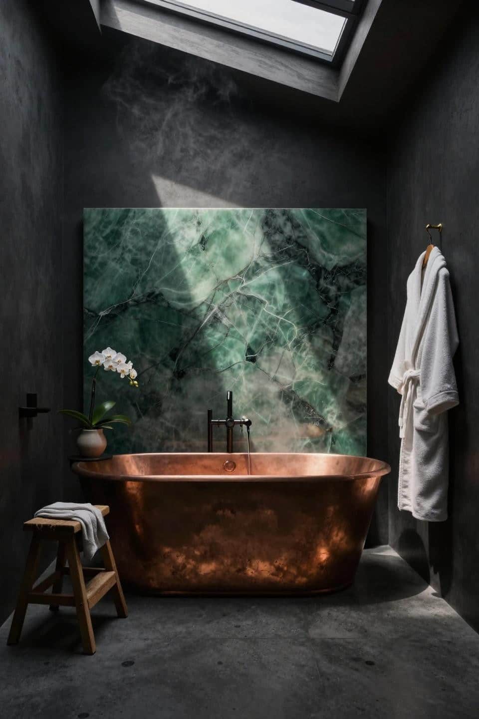 Black Bathroom Design - unlacquered copper tub with jade green onyx panel