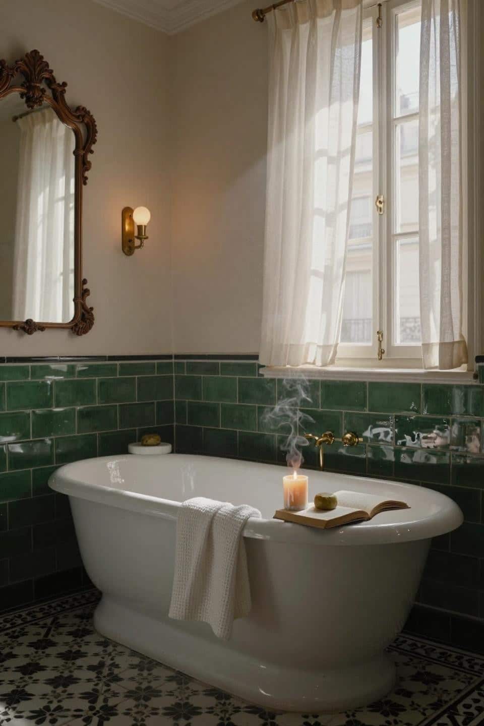 Small Full Bathroom Ideas - geometric encaustic cement tiles with green subway tile