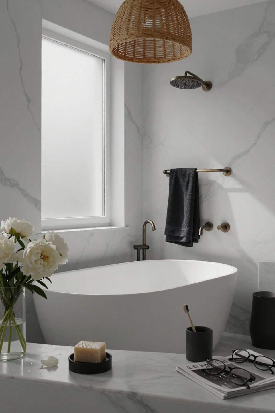 White Bathroom Ideas - floor-to-ceiling Calacatta marble with freestanding tub
