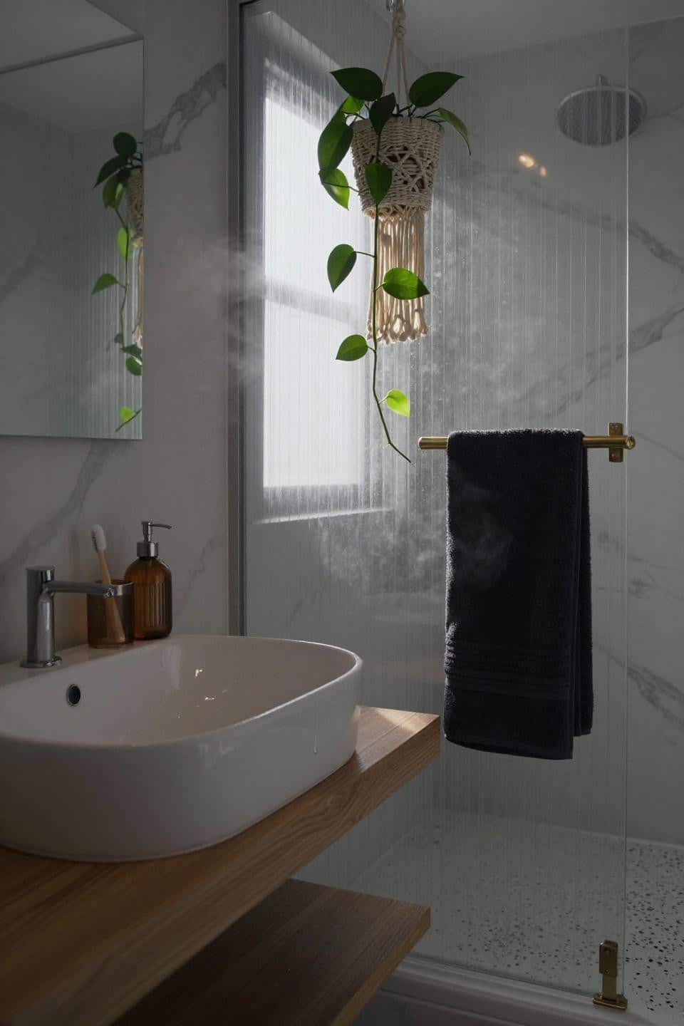 White Bathroom Ideas - fluted glass shower partition with honey oak timber