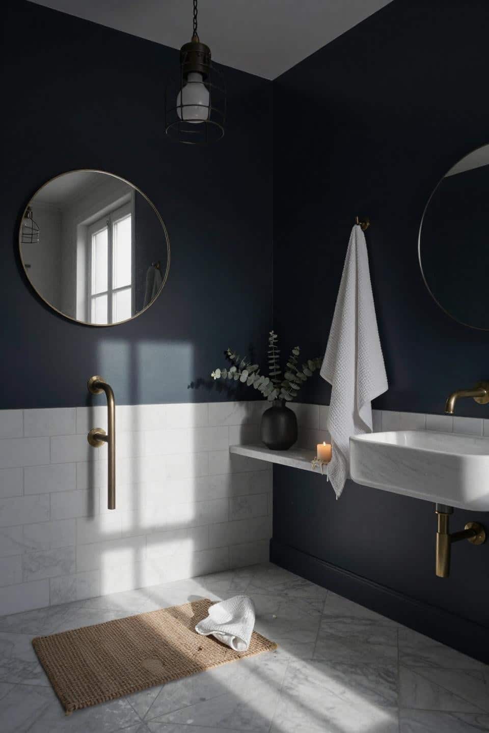 Modern Small Bathrooms - deep navy wall with Carrara hexagonal floor