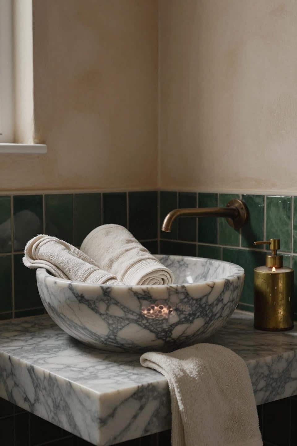 Black Bathroom Ideas - polished Carrara marble basin with putty Venetian plaster