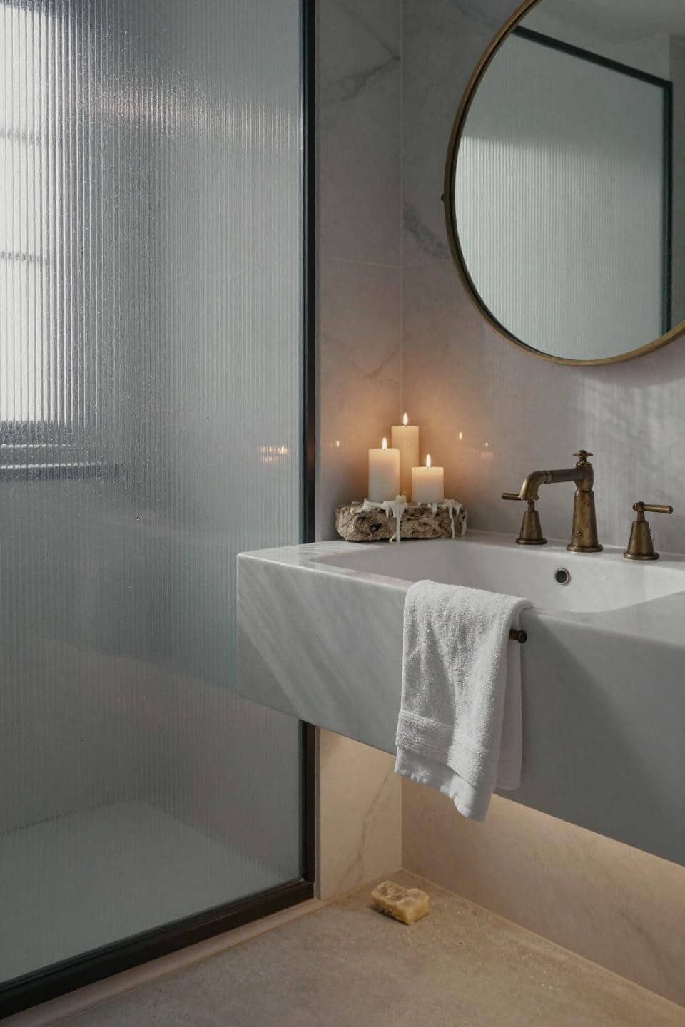 Modern Bathroom Ideas - bronze hardware with honed Carrara marble walls