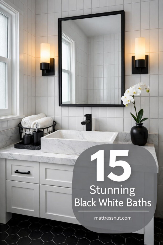 Monochrome bathroom featuring white subway tiles, black hexagonal floor, freestanding tub, and matte black hardware