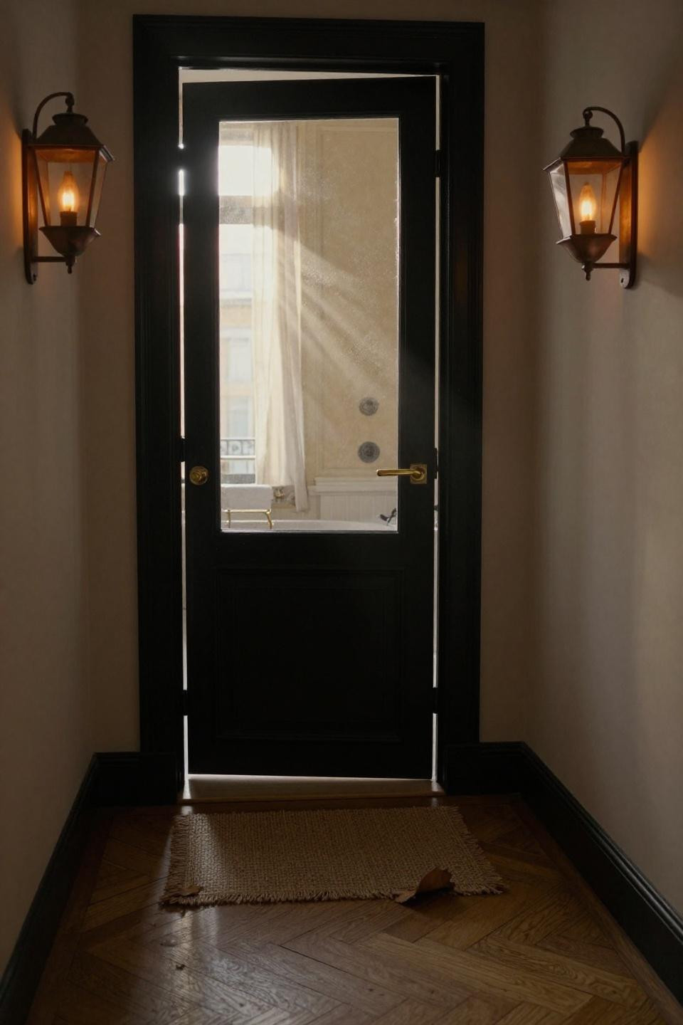 matte black pocket door with frosted glass panel half-open in Parisian apartment with herringbone oak floors and brass hardware