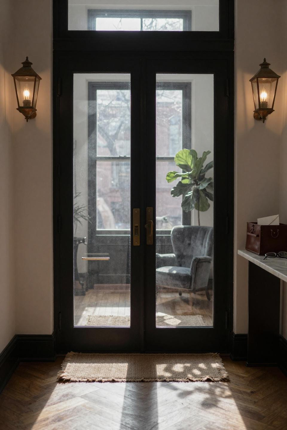 black iron pocket doors with glass panels in Brooklyn brownstone entry catching morning light on herringbone oak floors