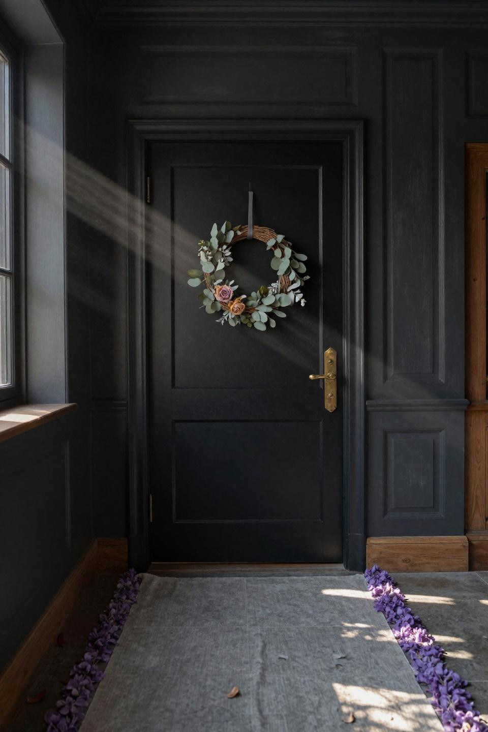matte black jib door integrated into charcoal paneled walls in European estate hallway with flagstone walkway and lavender border