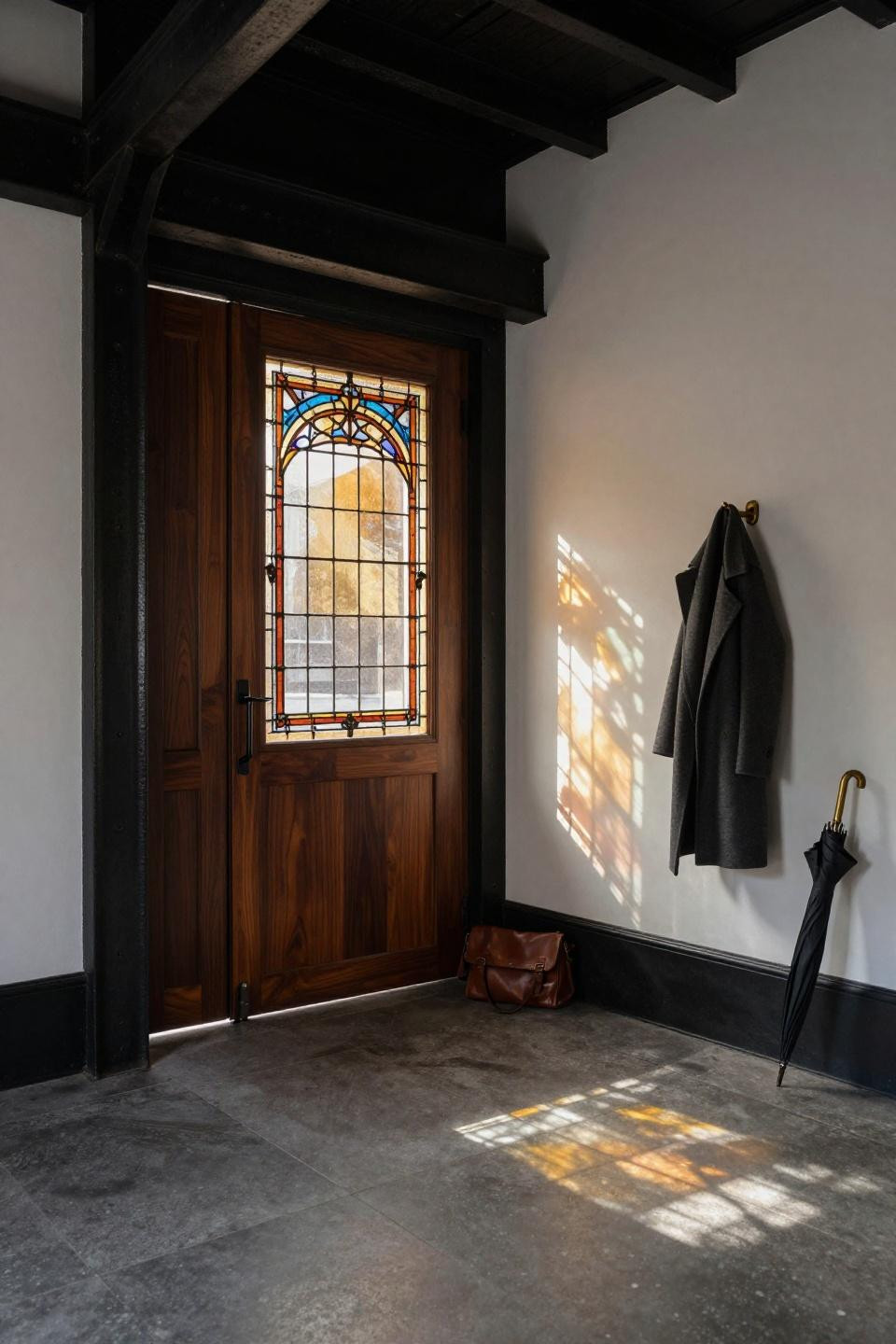 massive pivot door in dark walnut with Art Nouveau stained glass panel in Copenhagen warehouse with limestone flooring and blackened steel