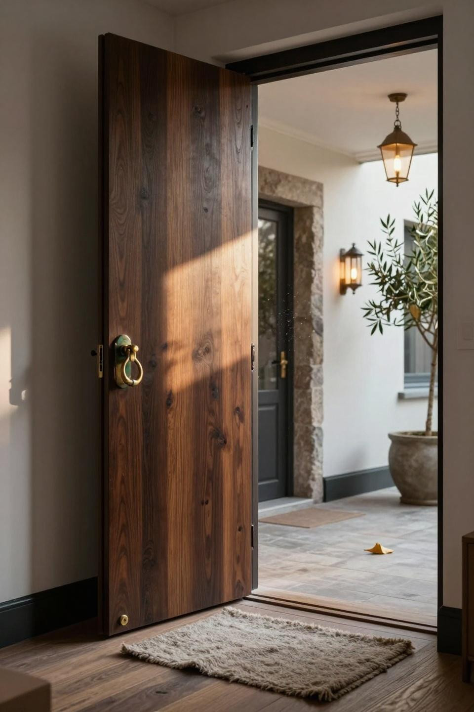 floor-to-ceiling pivot door in dark walnut with brass hardware in Copenhagen warehouse conversion with white walls and oak floors