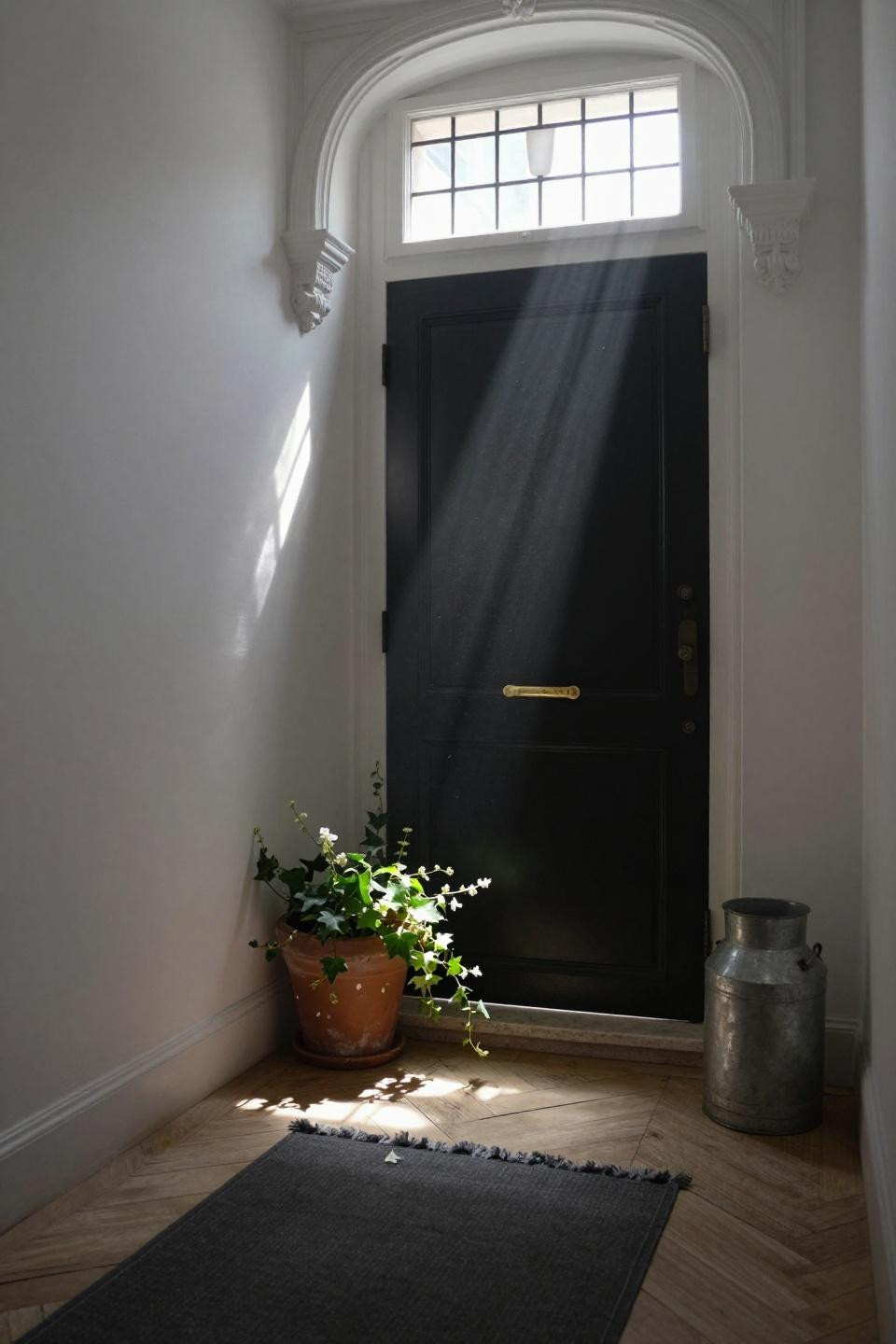 matte black entry door in 1920s Parisian apartment with transom window above and beveled glass sidelights on white oak herringbone