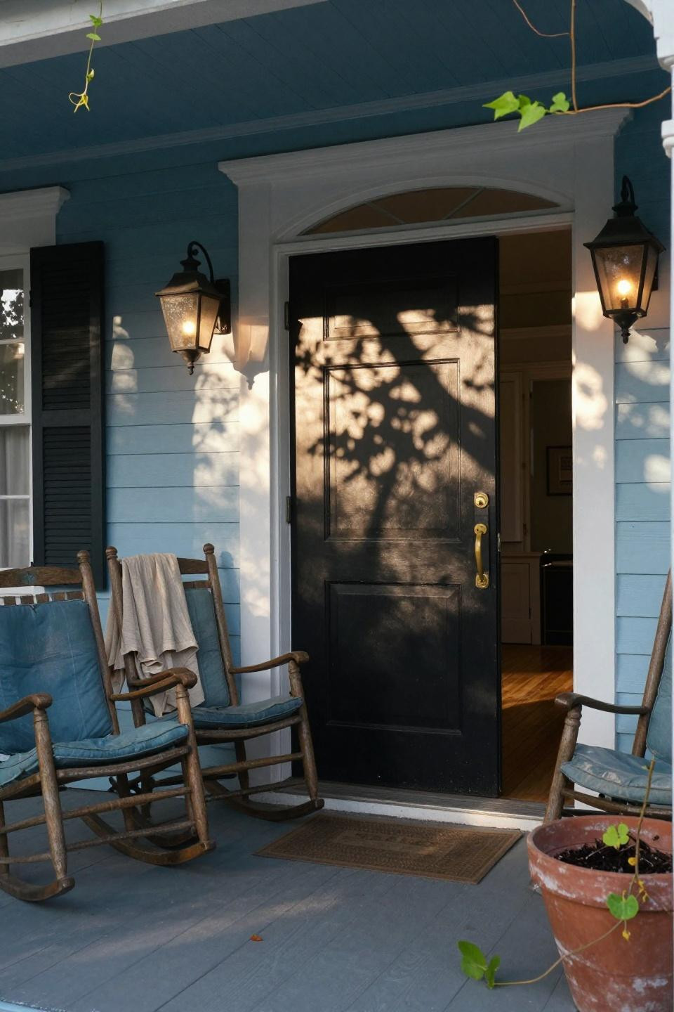 matte black entry door with white trim on Charleston veranda with haint blue porch ceiling and brass hardware