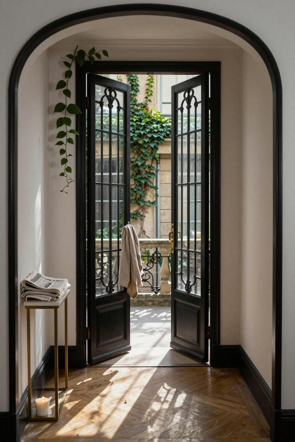 twin glass-paneled black iron pocket doors in Parisian Haussmann hallway with herringbone oak floors and brass hardware