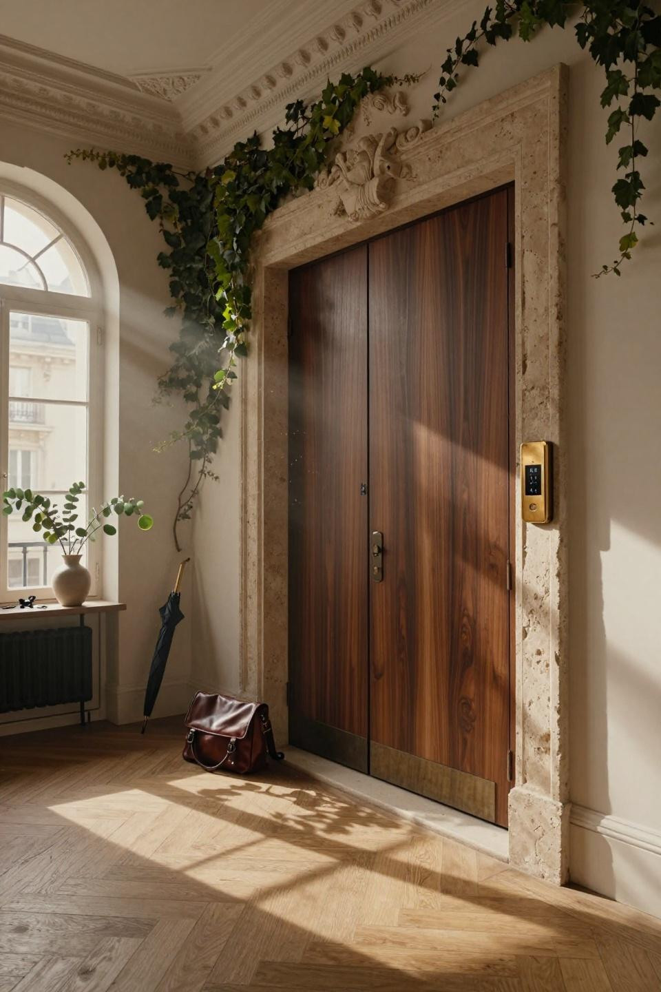 massive pivot door in dark walnut with vertical grain in Parisian penthouse entry with herringbone floors and bronze hardware