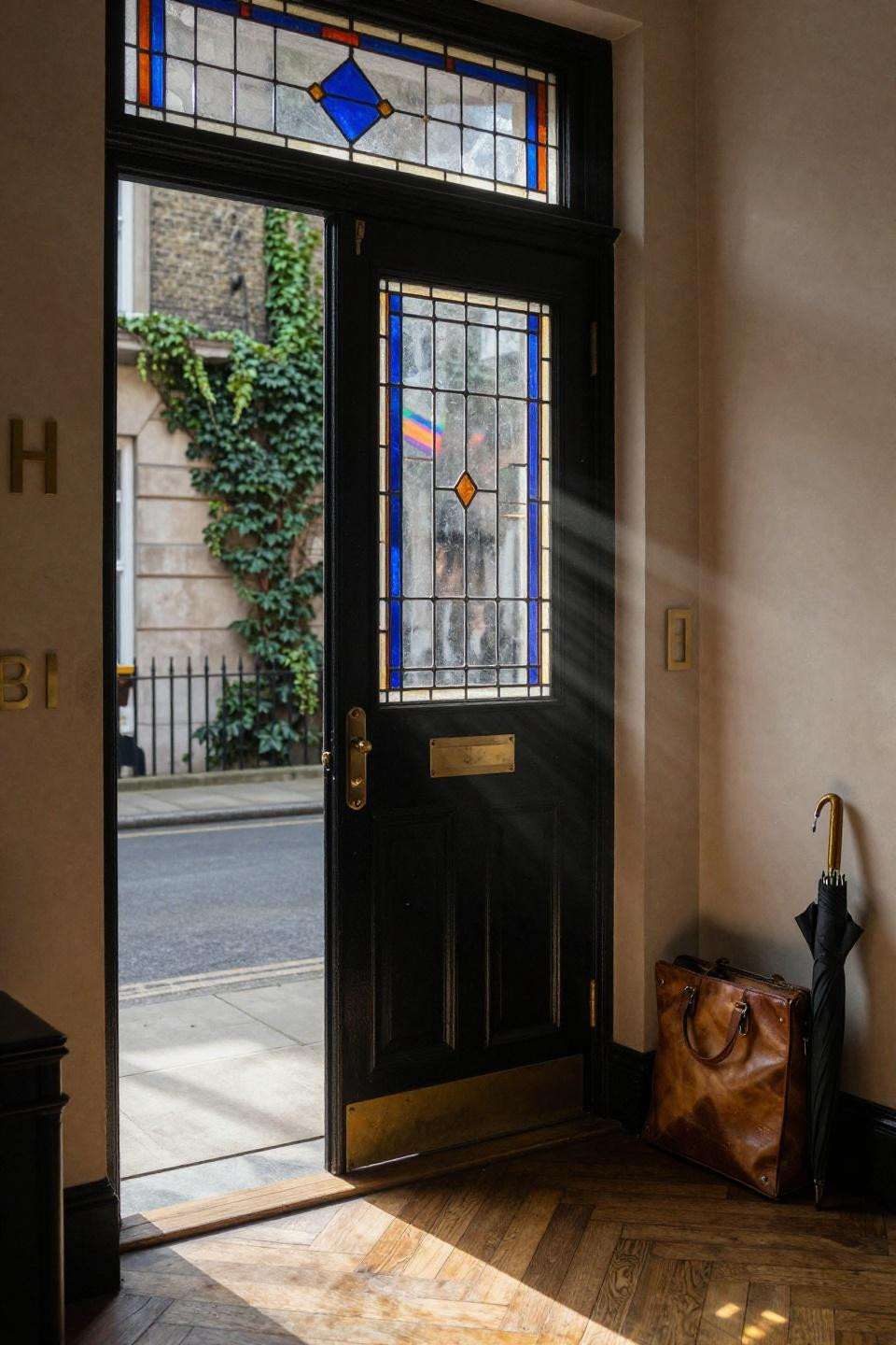black painted Victorian solid wood door with cobalt and amber stained glass transom in London Georgian townhouse with oak herringbone