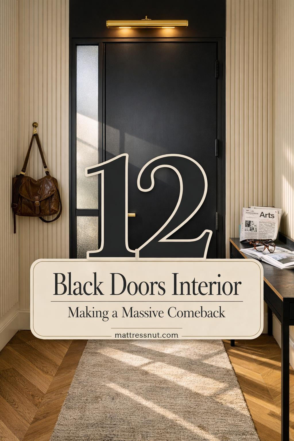 Elegant black painted interior door with brass hardware in a bright hallway featuring white walls and natural light