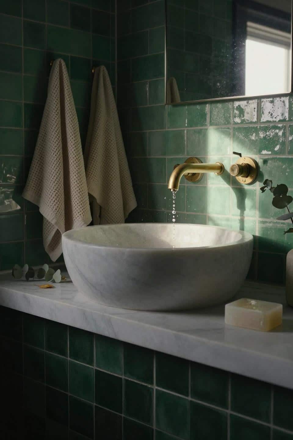 Modern Small Bathrooms - celadon zellige tiles with marble basin