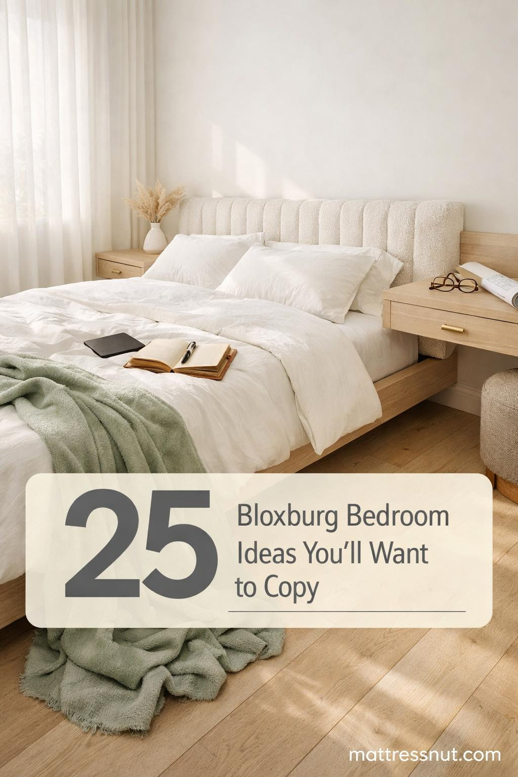 Stylish virtual bedroom featuring modern furniture, soft pastel bedding, geometric rugs, and decorative wall art