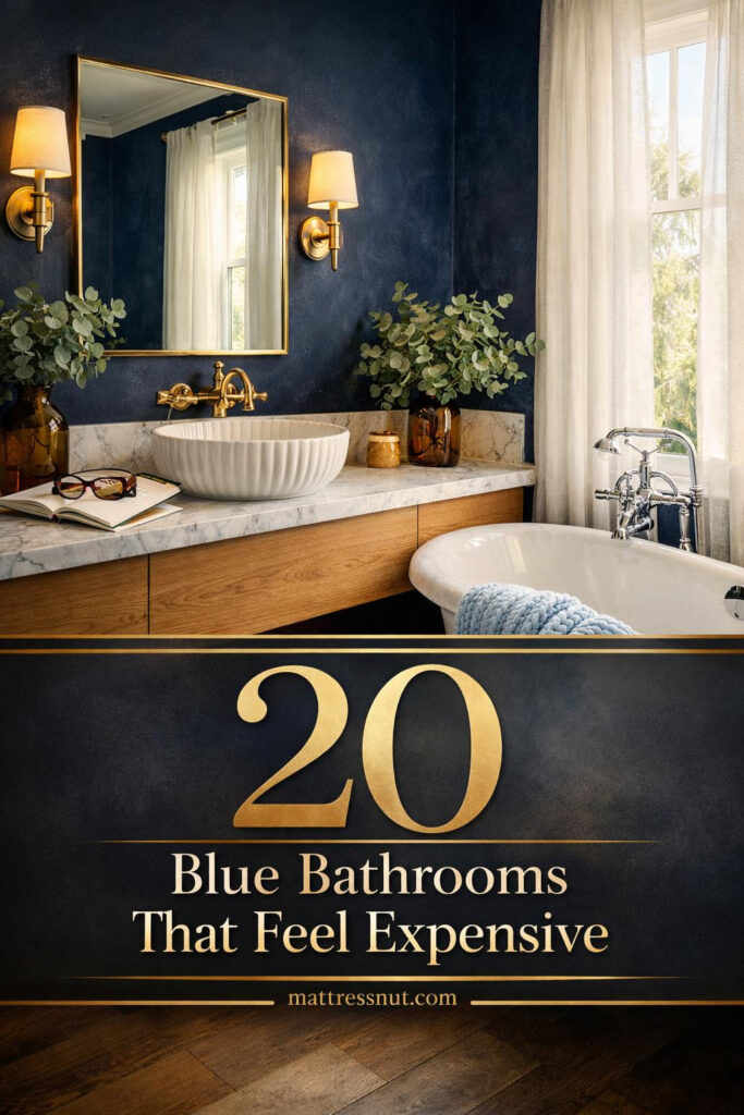 Elegant blue bathroom featuring navy walls, brass fixtures, white marble countertop, and modern lighting fixtures