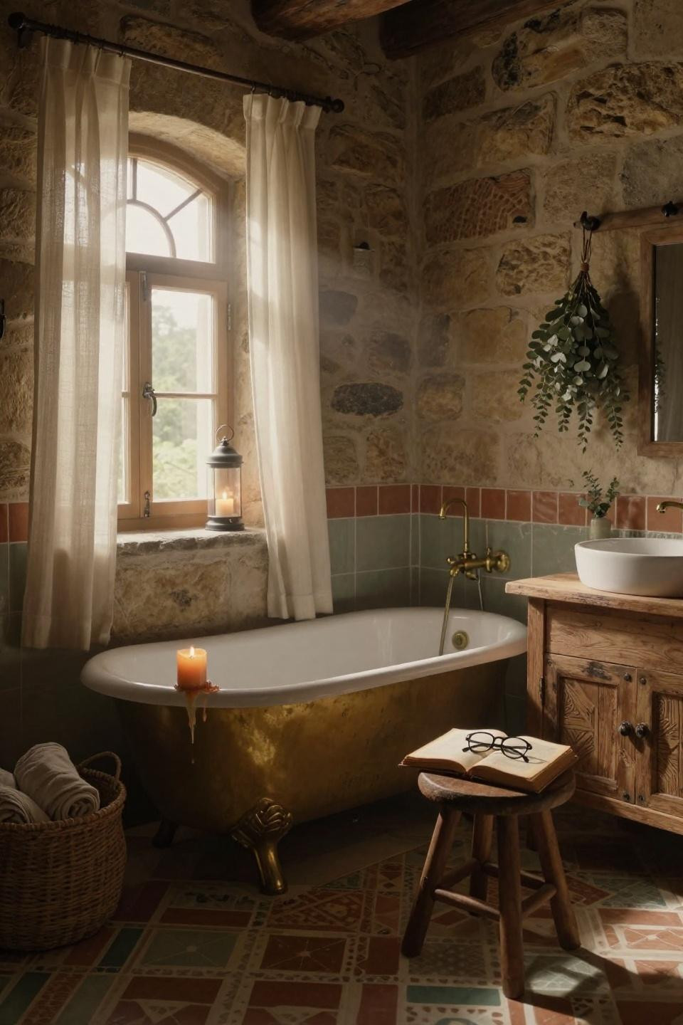 bathroom aesthetic with handmade moroccan encaustic cement tiles in terracotta and sage green with clawfoot tub