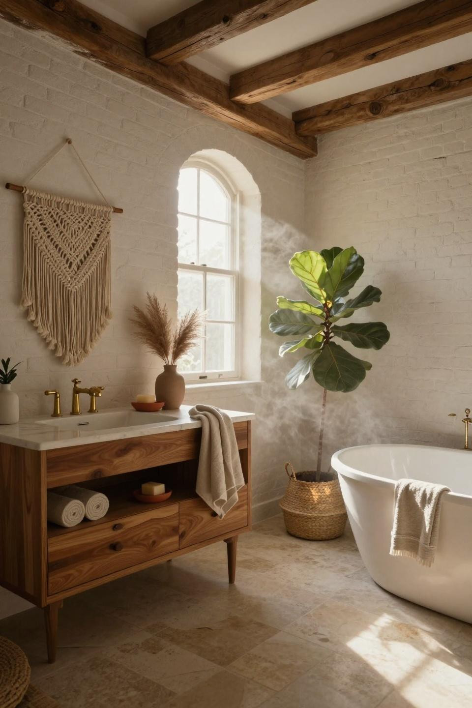 bathroom aesthetic with walnut floating vanity and arched window in converted barn with travertine floors