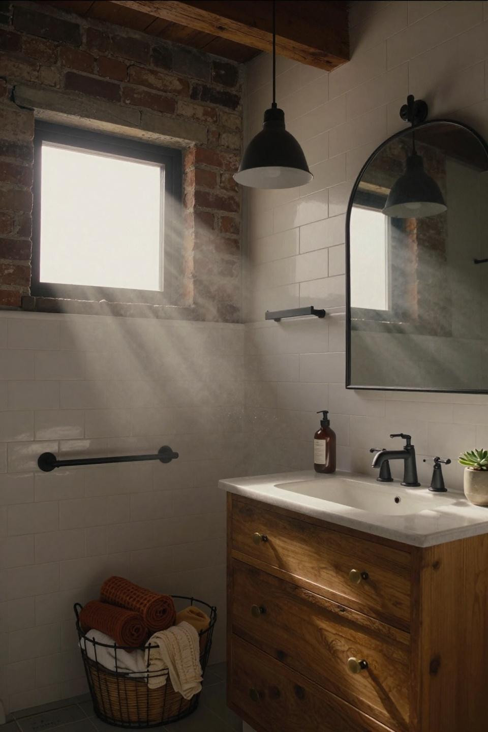 boho bathroom with matte black fixtures and honey-toned reclaimed wood vanity in converted carriage house