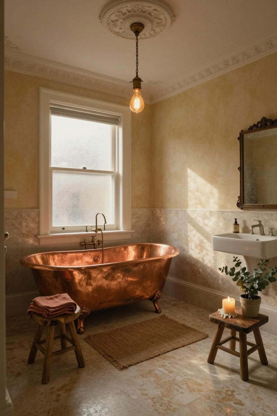 boho bathroom with honey travertine floors and vintage brass edison bulb chandelier hanging from ornate victorian medallion
