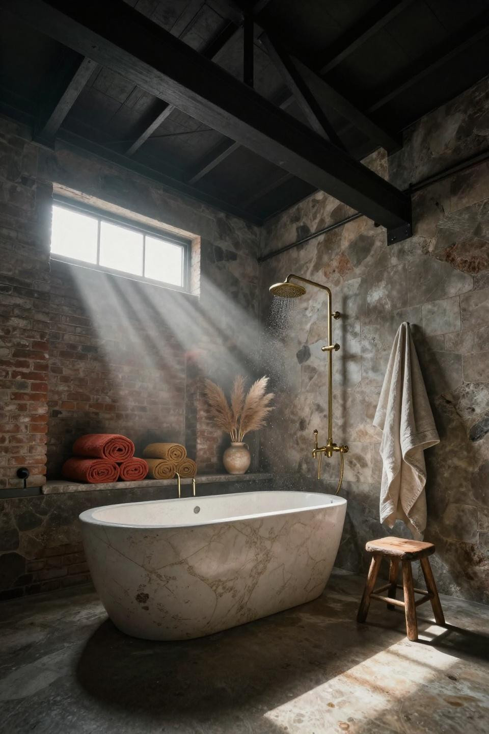 small boho bathroom ideas with single-piece travertine tub under skylight in industrial warehouse with exposed beams
