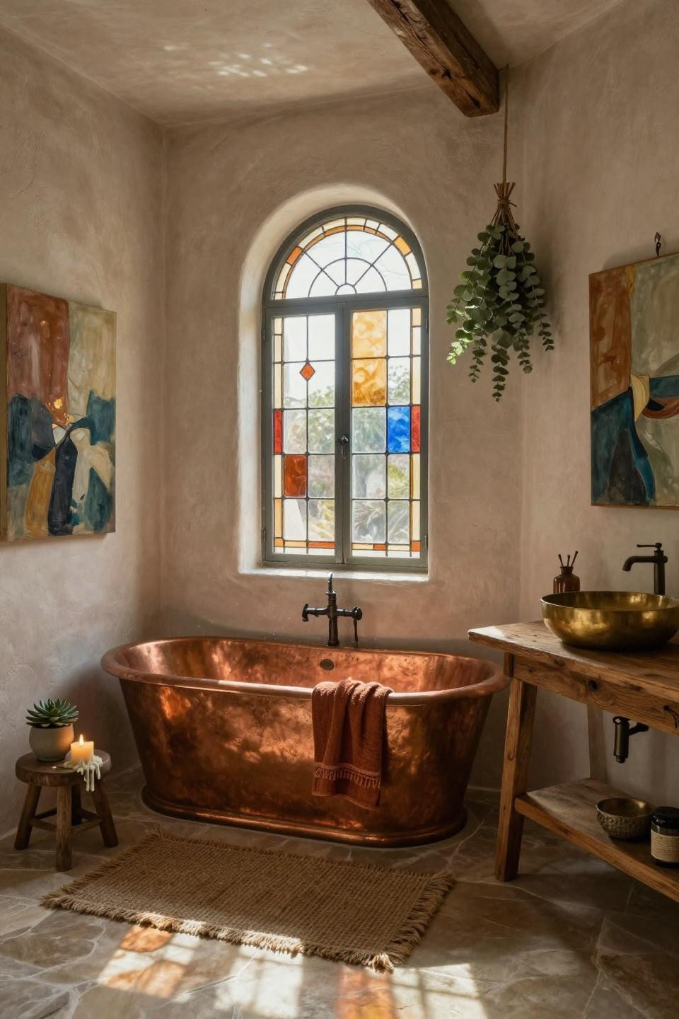 tiny bathroom ideas featuring copper soaking tub under restored stained glass arched window with jewel-toned reflections