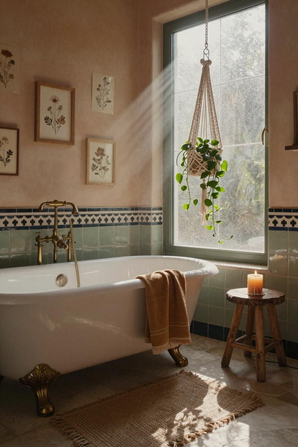 boho farmhouse bathroom with vintage clawfoot tub and pressed botanical frames on terracotta lime-washed plaster