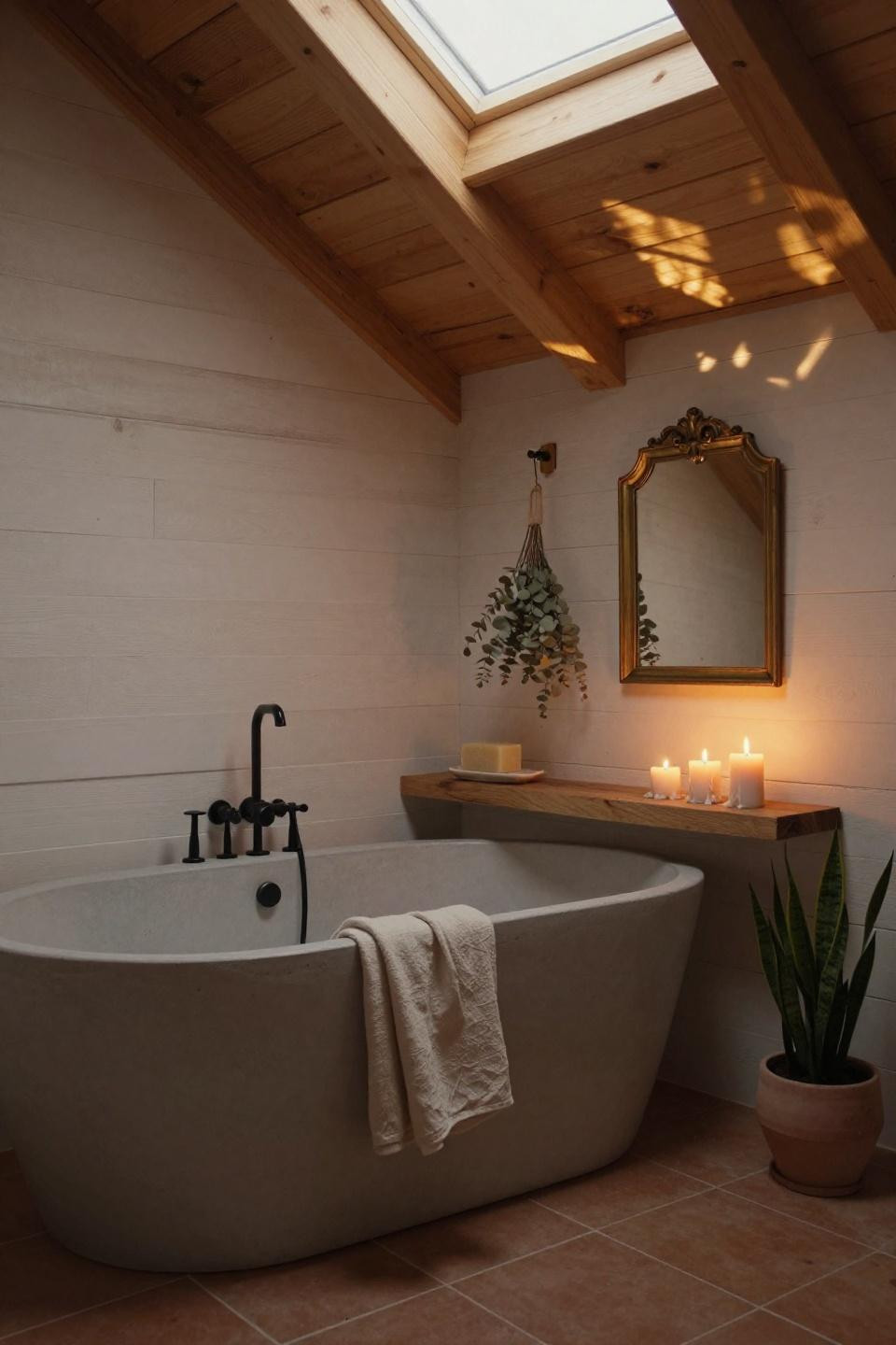 modern boho bathroom with matte terracotta floor tiles and freestanding concrete soaking tub under skylight