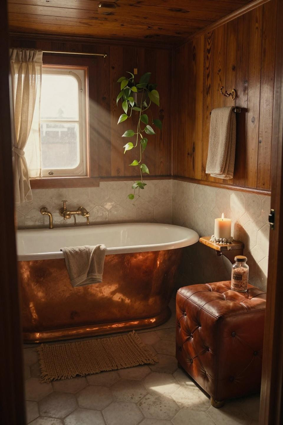cozy bathroom with ivory hexagonal cement tiles and aged brass grout in narrow amsterdam houseboat