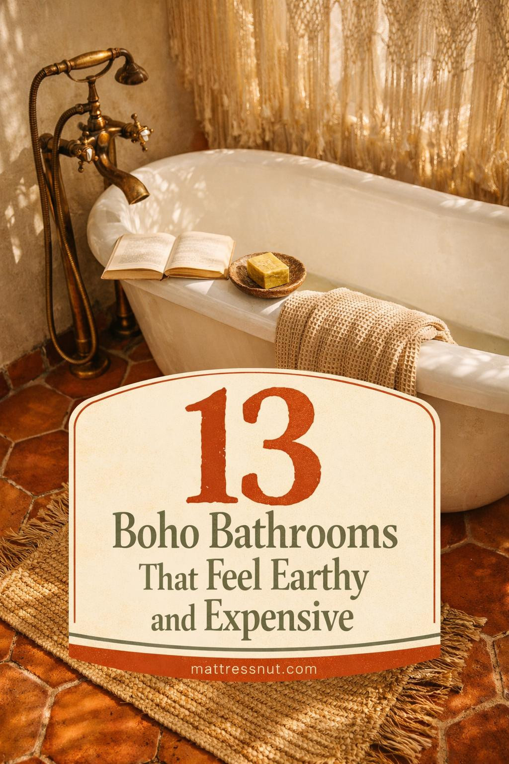 Natural wood vanity with woven baskets, terracotta accents, and plants creating a warm bohemian bathroom atmosphere