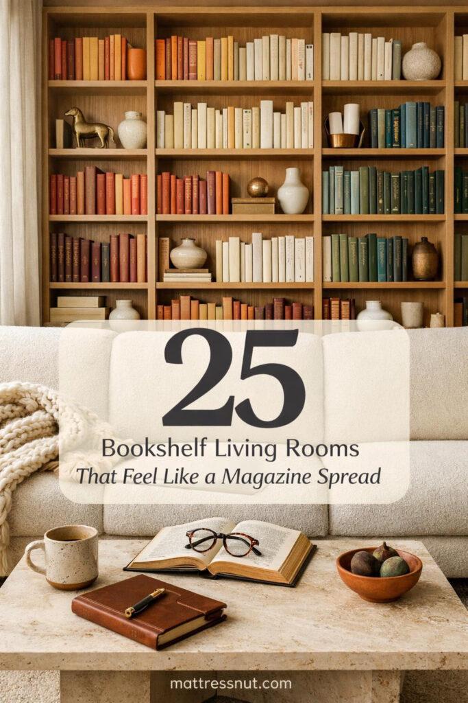 Spacious living room featuring floor-to-ceiling built-in bookshelves filled with books, decorative objects, and plants