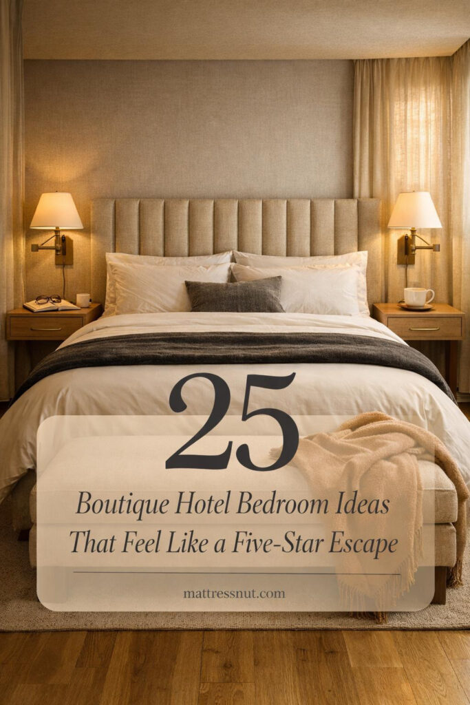 Elegant bedroom featuring plush upholstered headboard, crisp white linens, layered textiles, ambient lighting, and curated nightstand decor