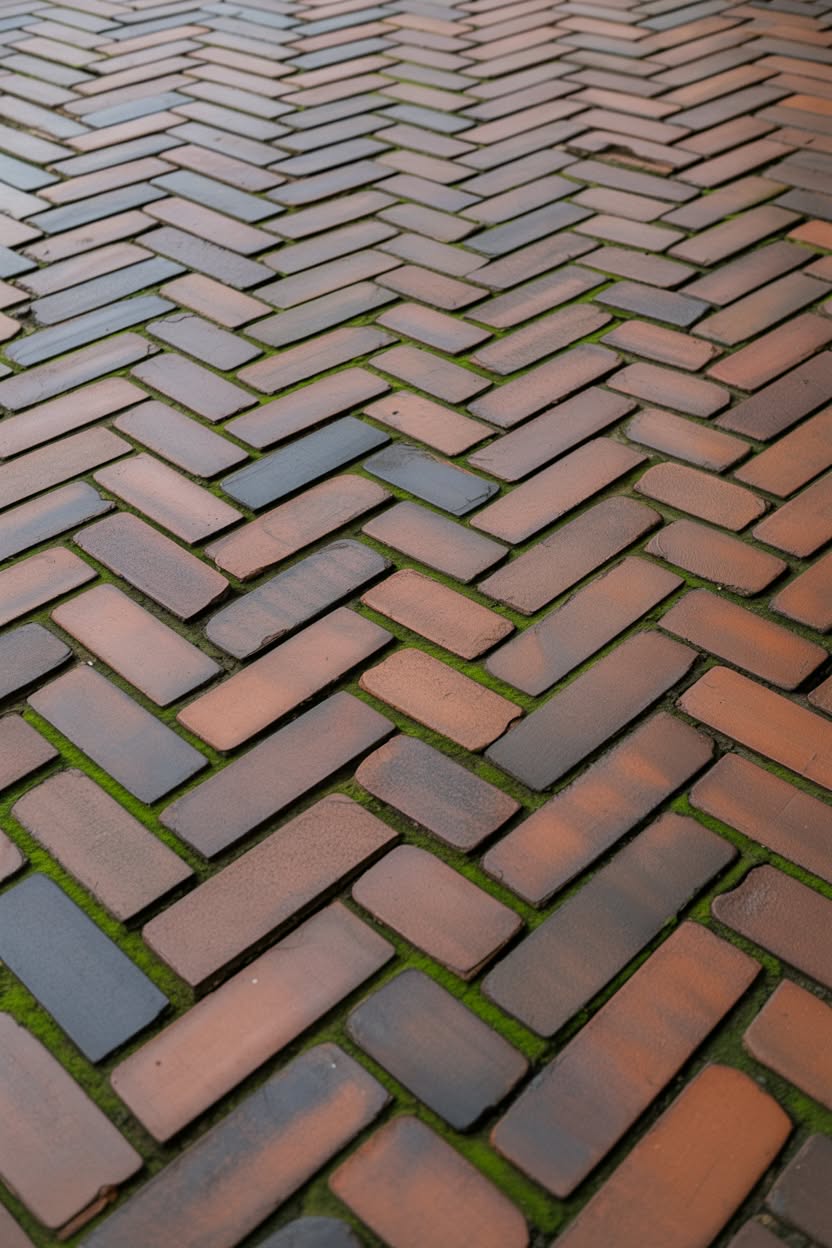 Close-up of multi-colored herringbone brick patio pattern with green moss growing between bricks