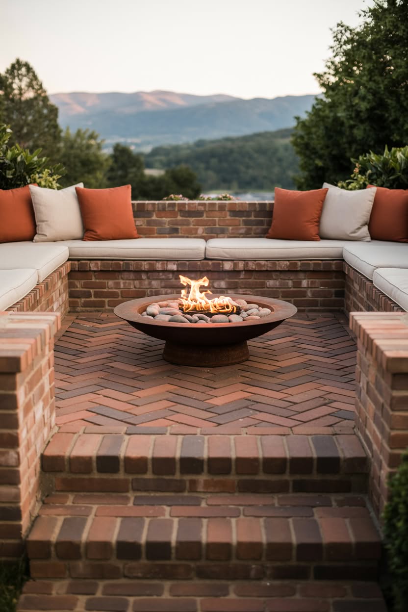 Sunken brick fire pit area with herringbone patio, built-in seating with orange and white cushions, corten steel fire bowl, and mountain view