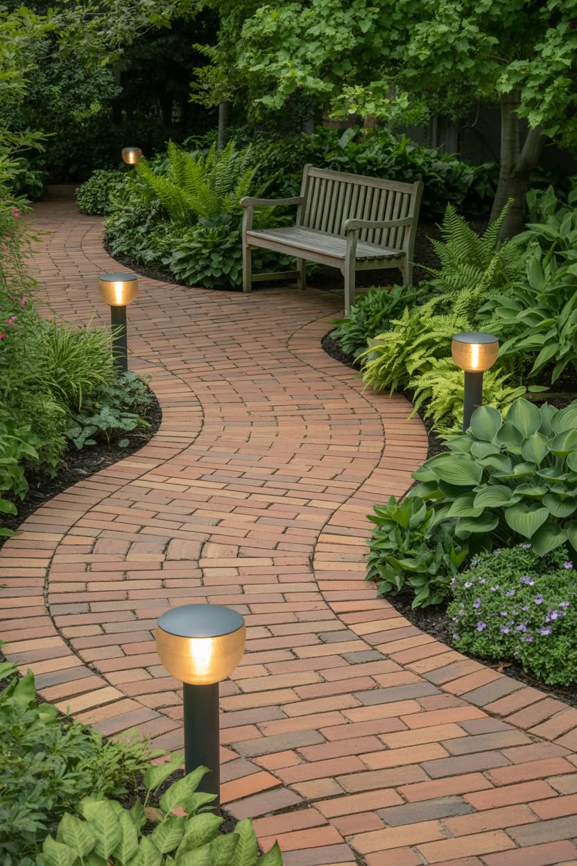 Curved brick pathway with running bond pattern and solar path lights leading to wooden garden bench surrounded by hostas and ferns
