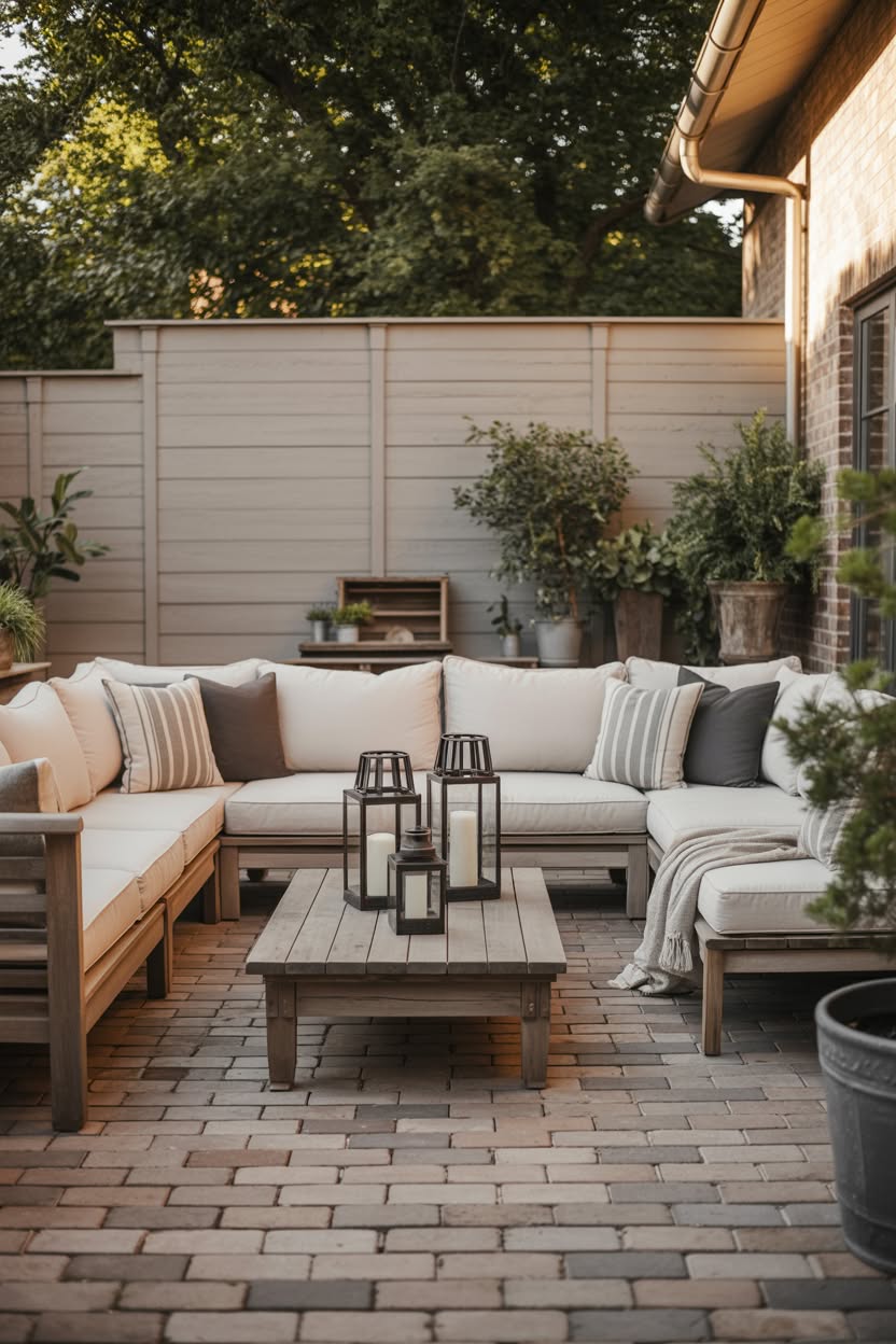 Backyard brick paver patio with L-shaped outdoor sectional, neutral cushions, wooden coffee table with lanterns, and privacy fence